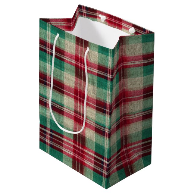 Holiday Red Cream Green Plaid Stripes Medium Gift Bag (Front Angled)