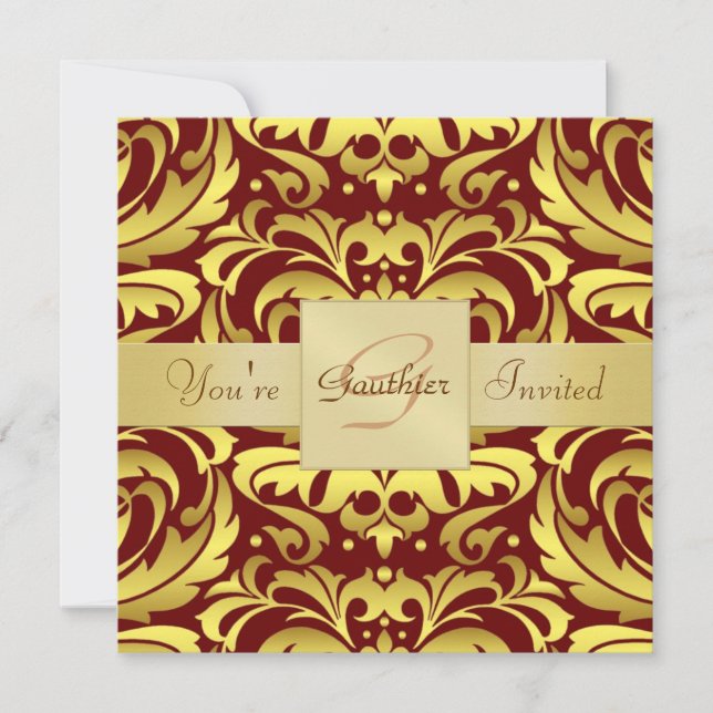 Holiday Red Damask Gold Foil Monogram Invitation (Front)