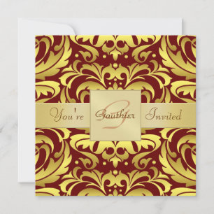 Holiday Red Damask Gold Foil Monogram Invitation