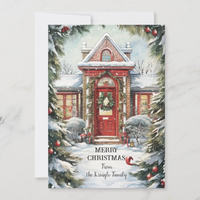 Holiday Red Door Art Christmas Flat Card (Front)