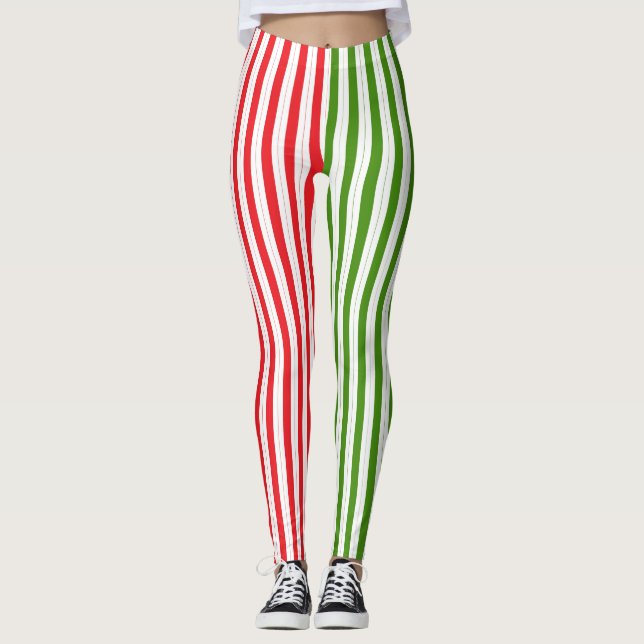 Holiday Red & Elf Green Candy Stripe Striped Leggings (Front)