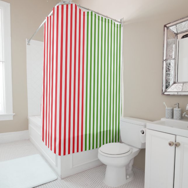 Holiday Red & Elf Green Candy Stripe Striped Shower Curtain (In Situ)