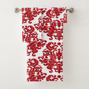 Holiday Red Floral Damask on White Towel Set