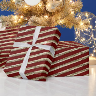 Holiday Red & Gold Faux Glitter Christmas Stripes Wrapping Paper