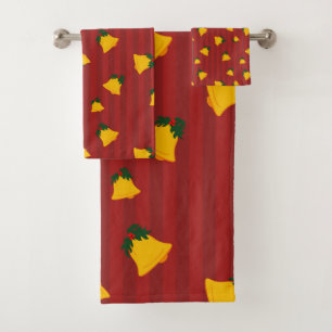 Holiday Red Gold Stripe Bells Christmas Bath Towel Set