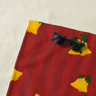 Holiday Red Gold Stripe Bells Christmas Beach Towel