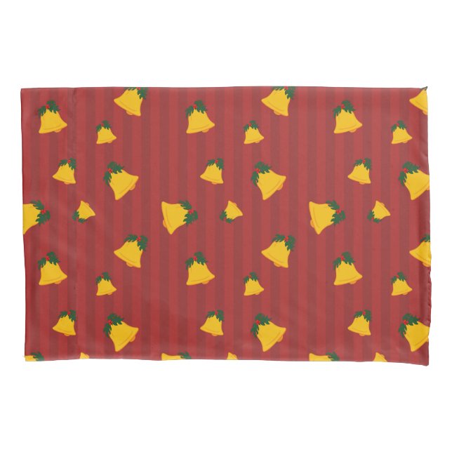 Holiday Red Gold Stripe Bells Christmas Pillowcase (Front)