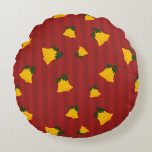 Holiday Red Gold Stripe Bells Christmas Round Cushion