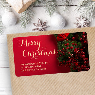 Holiday Red & Gold Typography Greenery Address Label