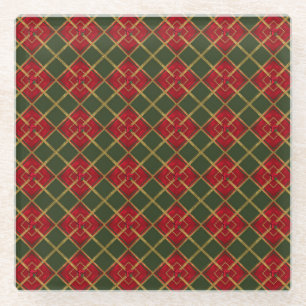 Holiday Red, Green and Gold Glitter Geometric Glass Coaster