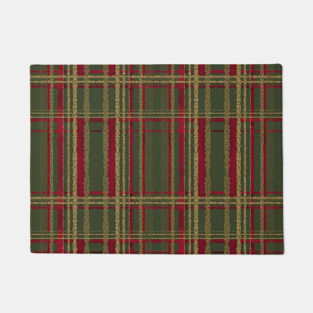 Holiday Red, Green & Gold Glitter Christmas Tartan Doormat (Front)
