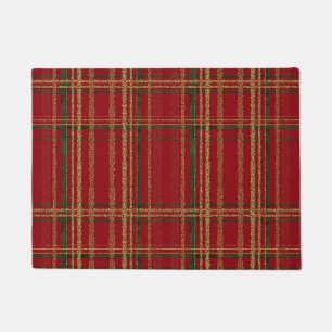 Holiday Red, Green & Gold Glitter Christmas Tartan Doormat