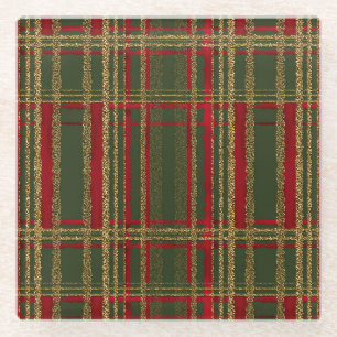 Holiday Red, Green & Gold Glitter Christmas Tartan Glass Coaster