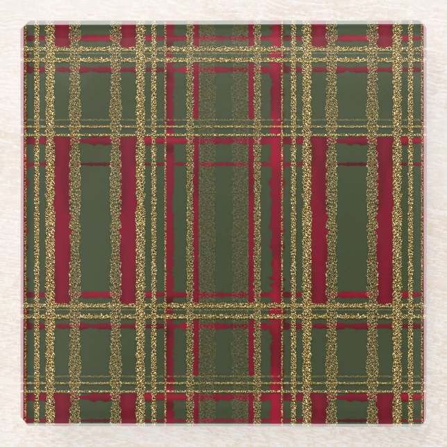 Holiday Red, Green & Gold Glitter Christmas Tartan Glass Coaster (Front)