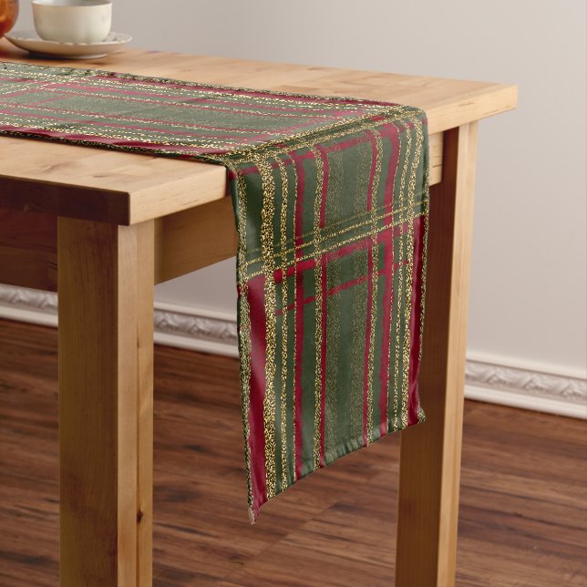 Holiday Red, Green & Gold Glitter Christmas Tartan Short Table Runner (In Situ)