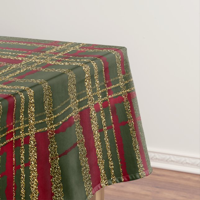 Holiday Red, Green & Gold Glitter Christmas Tartan Tablecloth (In Situ)