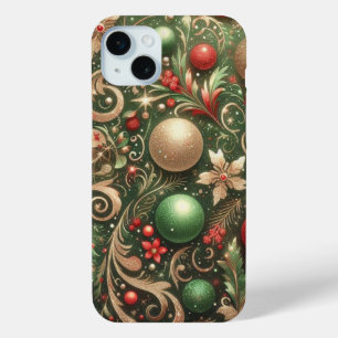 HOLIDAY RED GREEN GOLD SILVER ORNAMENTS iPhone 15 MINI CASE