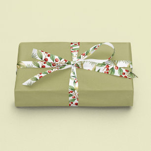 Holiday Red Holly Watercolor Berries Greenery Satin Ribbon