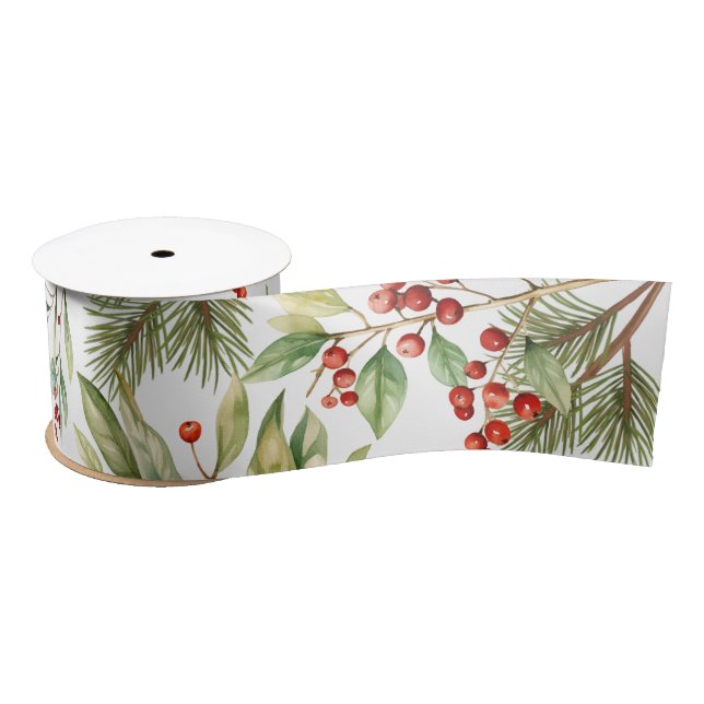 Holiday Red Holly Watercolor Berries Greenery Satin Ribbon (Spool)