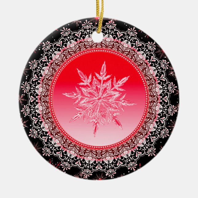 Holiday Red Ice Crystal Snowflake Ceramic Tree Decoration (Front)