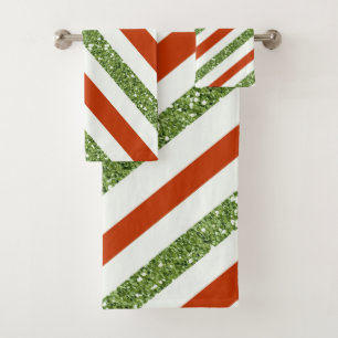 Holiday Red & Light Green Glitter Stripes Bath Towel Set