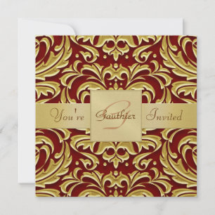 Holiday Red Metal Damask Foil Monogram Invitation