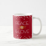 Holiday Red Modern Chic Snowflake Peace Joy Love Coffee Mug<br><div class="desc">“Peace, joy & love.” A fun, playful, faux gold glitter and white snowflake illustration and modern, sans serif typography on a rich, red background help you usher in the holiday season. White confetti dots top and bottom complete the look. Feel the warmth and joy of the holidays whenever you drink...</div>