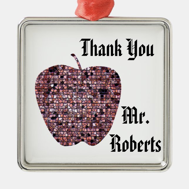 Holiday Red Mosaic Apple Thank You with Name Metal Tree Decoration (Front)