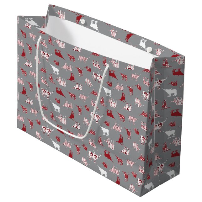 Holiday Red Patterned Longhorns Pattern Large Gift Bag (Front Angled)