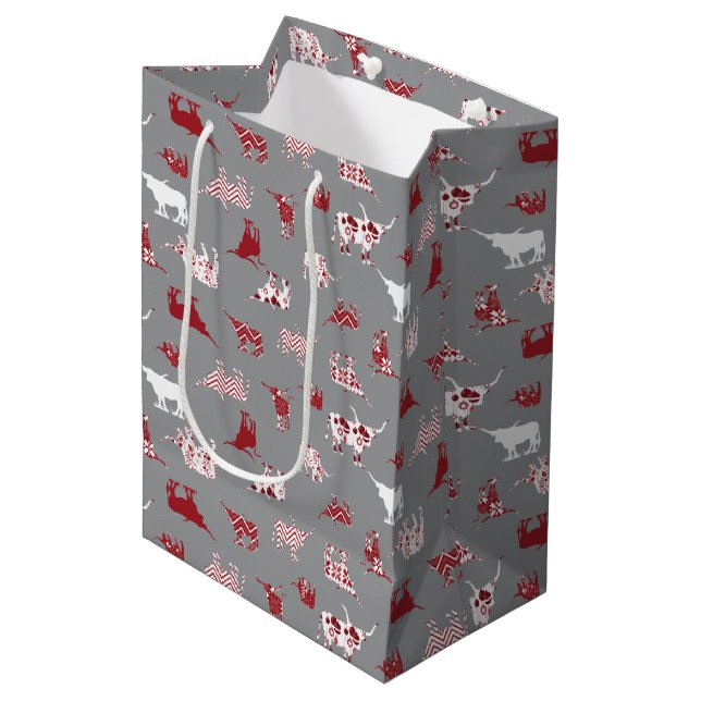 Holiday Red Patterned Longhorns Pattern Medium Gift Bag (Front Angled)