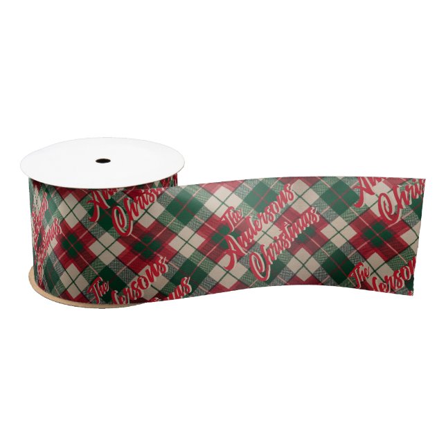 Holiday Red Plaid Family Name Christmas Satin Ribbon (Spool)