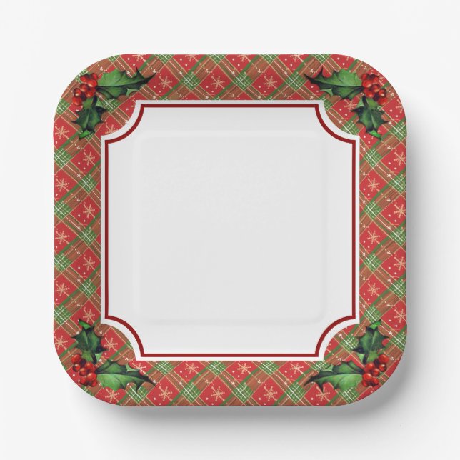 Holiday Red Plaid with Holly Paper Plate (Front)