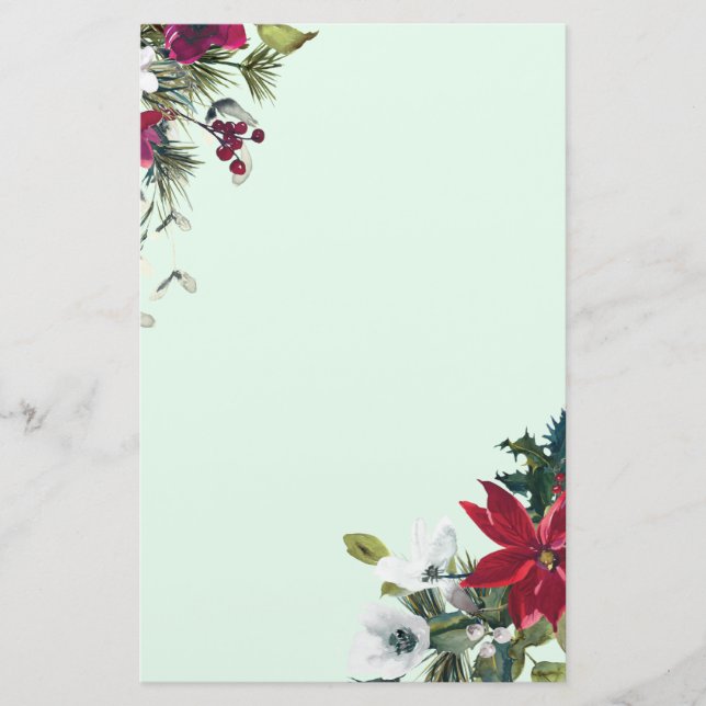 Holiday Red Poinsettia and Evergreen Stationery (Front)