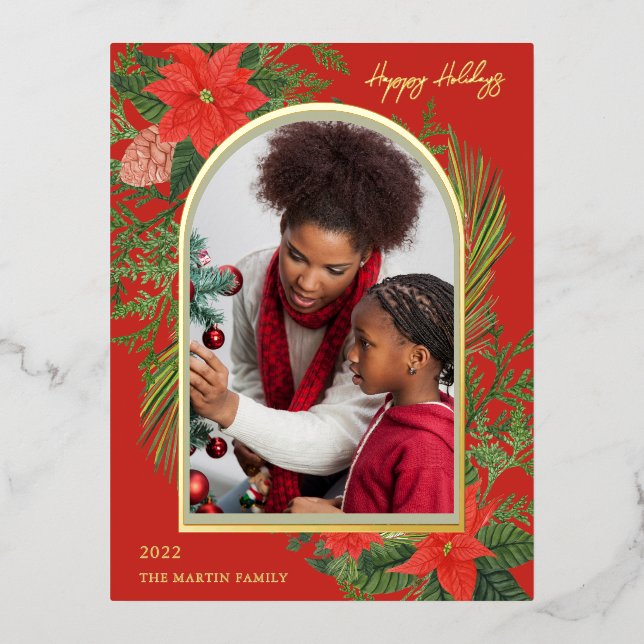 Holiday Red Poinsettia and Greenery Photo (Front)