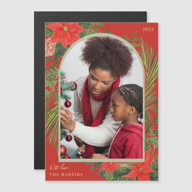 Holiday Red Poinsettia and Greenery Photo Magnet (Front/Back)