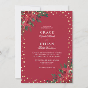 Holiday Red Poinsettia Gold Glitter Wedding Invitation