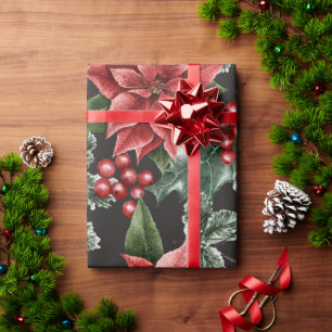 Holiday Red Poinsettias Pine Greenery Xmas Wrapping Paper