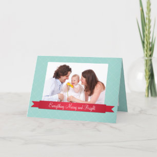 Holiday red satin ribbon ice blue lattice photo card
