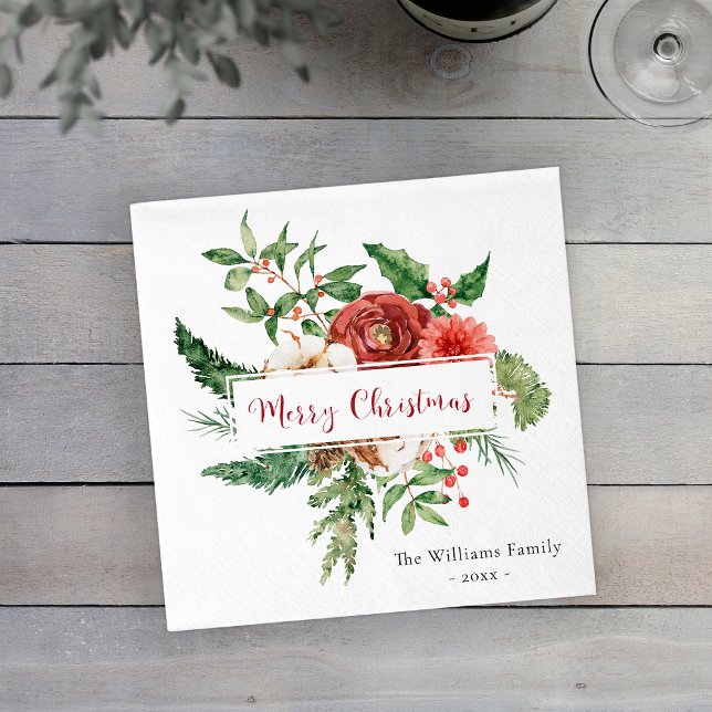 Holiday Red Watercolor Botanical Merry Christmas Napkin (Holiday Red Watercolor Botanical Merry Christmas Paper Dinner Napkins
)