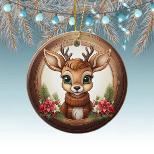 Holiday Reindeer Festive poinsettia flower 🦌🎄 Ceramic Tree Decoration