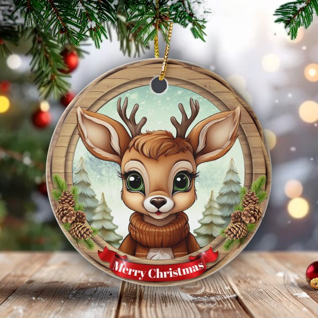 Holiday Reindeer Festive Rustic Christmas 🦌🎄 Ceramic Tree Decoration (Customizable Festive Rustic Pinecone Wooden Frame Holiday Reindeer Christmas Ceramic Ornament 🦌🎄)