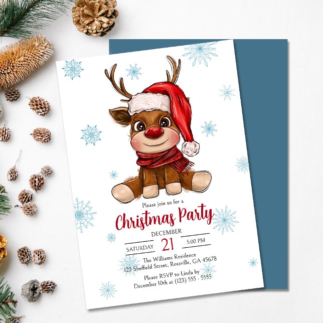 Holiday Reindeer Merry Christmas Party Invitation (Delight your guests with our thoughtfully crafted reindeer Christmas party invitation.)