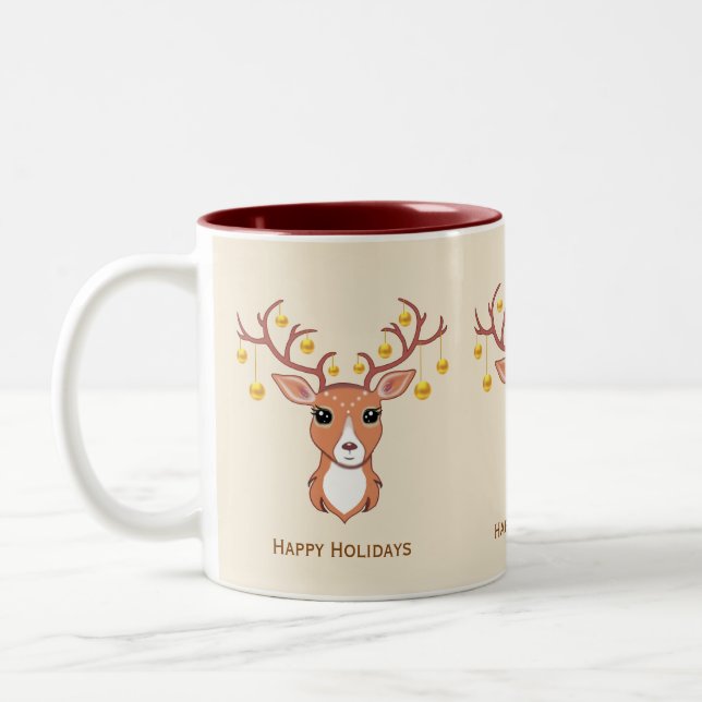 Holiday Reindeer Ornamented with Christmas Balls Two-Tone Coffee Mug (Left)
