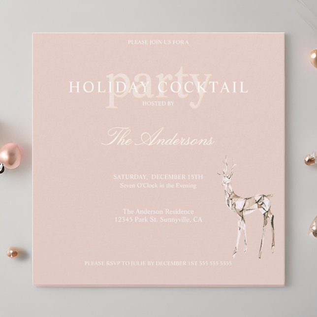 Holiday Reindeer Pink Christmas Cocktail Party Invitation (Creator Uploaded)