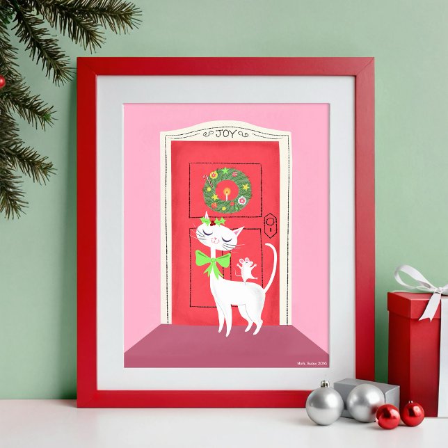 Holiday Retro White Cat and Mouse Art Print (Red frame is for display only.)