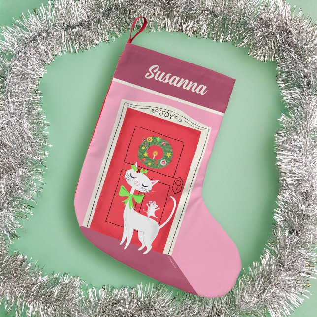 Holiday Retro White Cat and Mouse  Small Christmas Stocking (Creator Uploaded)
