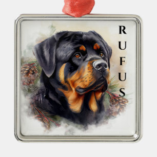 HOLIDAY ROTWEILLER DOG FACE WITH PINE CONES METAL TREE DECORATION
