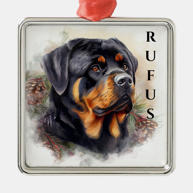 HOLIDAY ROTWEILLER DOG FACE WITH PINE CONES METAL TREE DECORATION (Front)