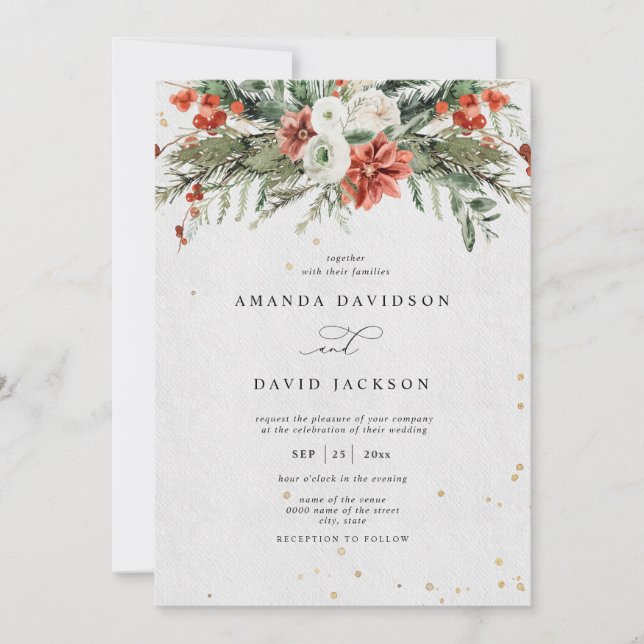 Holiday Rustic Pine Greenery & Red Berries Wedding Invitation (Front)