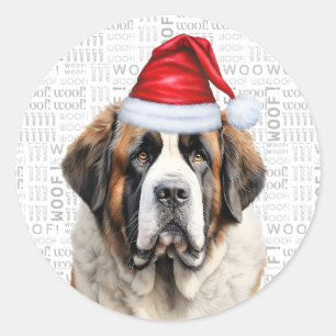 Holiday Saint Bernard Dog and Woof Art Christmas Classic Round Sticker